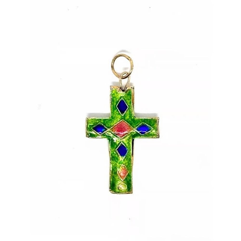 1pcs Beads for Jewelry #19980 Vintage Green & Gold Cloisonné Cross